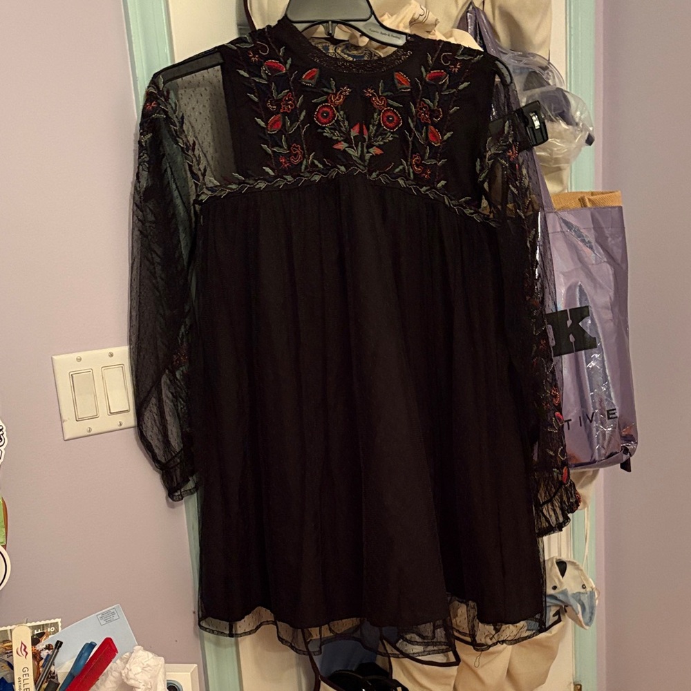 Zara Black Dress with Red Floral Embroidery